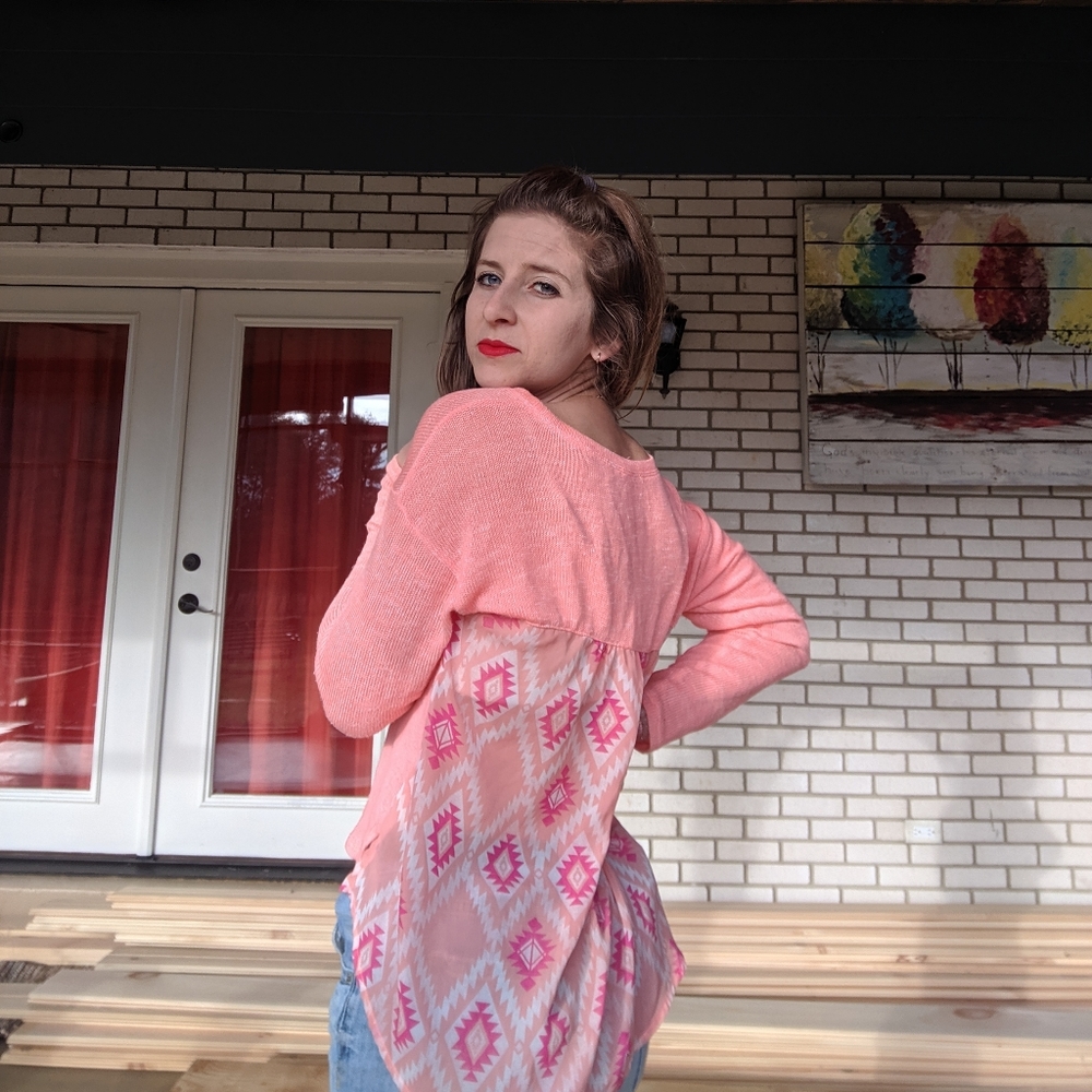 Coral Sweater with Tribal Design on the back